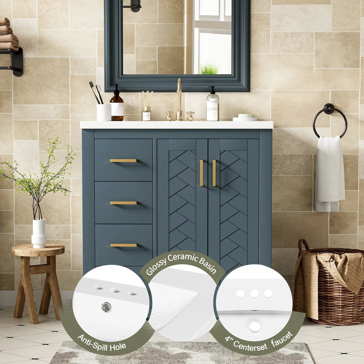 30 Inch Bathroom Vanity | 3 Drawers Soft Close | Solid Wood Ceramic Combo