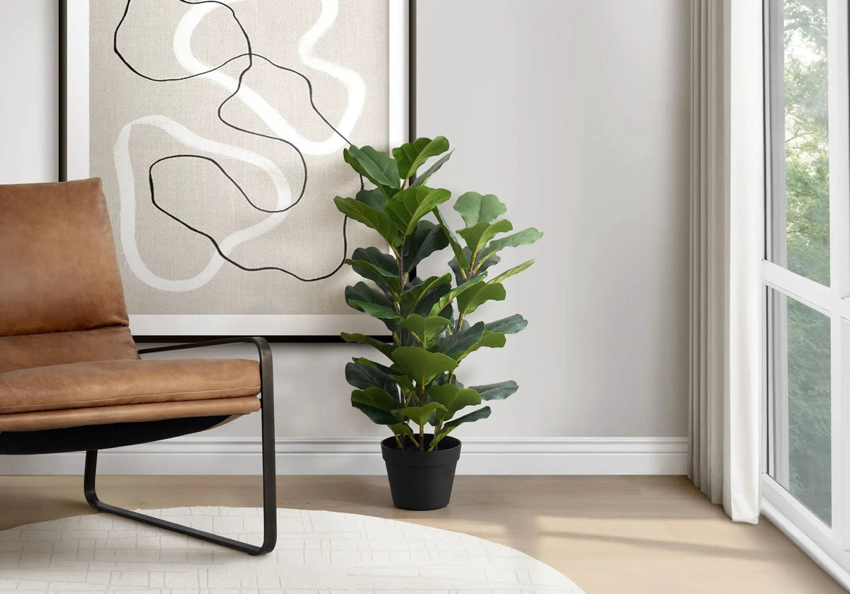 32 Inch Artificial Fiddle Tree | 45 Real Touch Leaves | Indoor Faux Floor Plant | Potted
