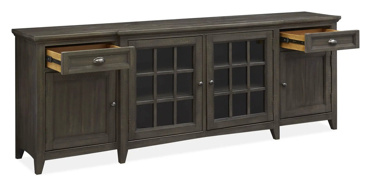 Westley Falls Entertainment Console | Wood Framed Glass Doors | Felt Lined Top Drawers | 70 Inch Width