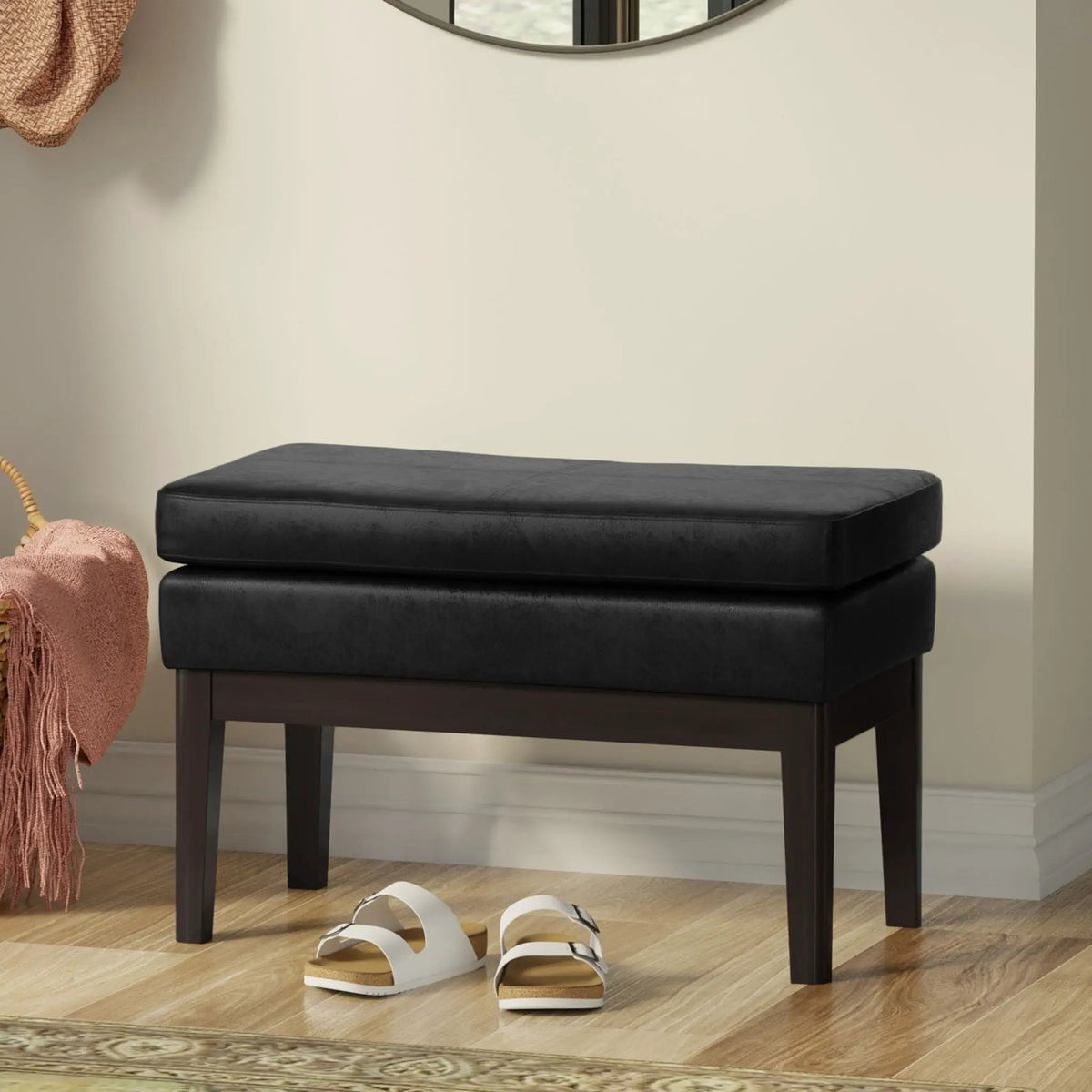 Carlson Ottoman Bench | Mid-Century Design | Top Stitching Detail | Webbed Seat Support