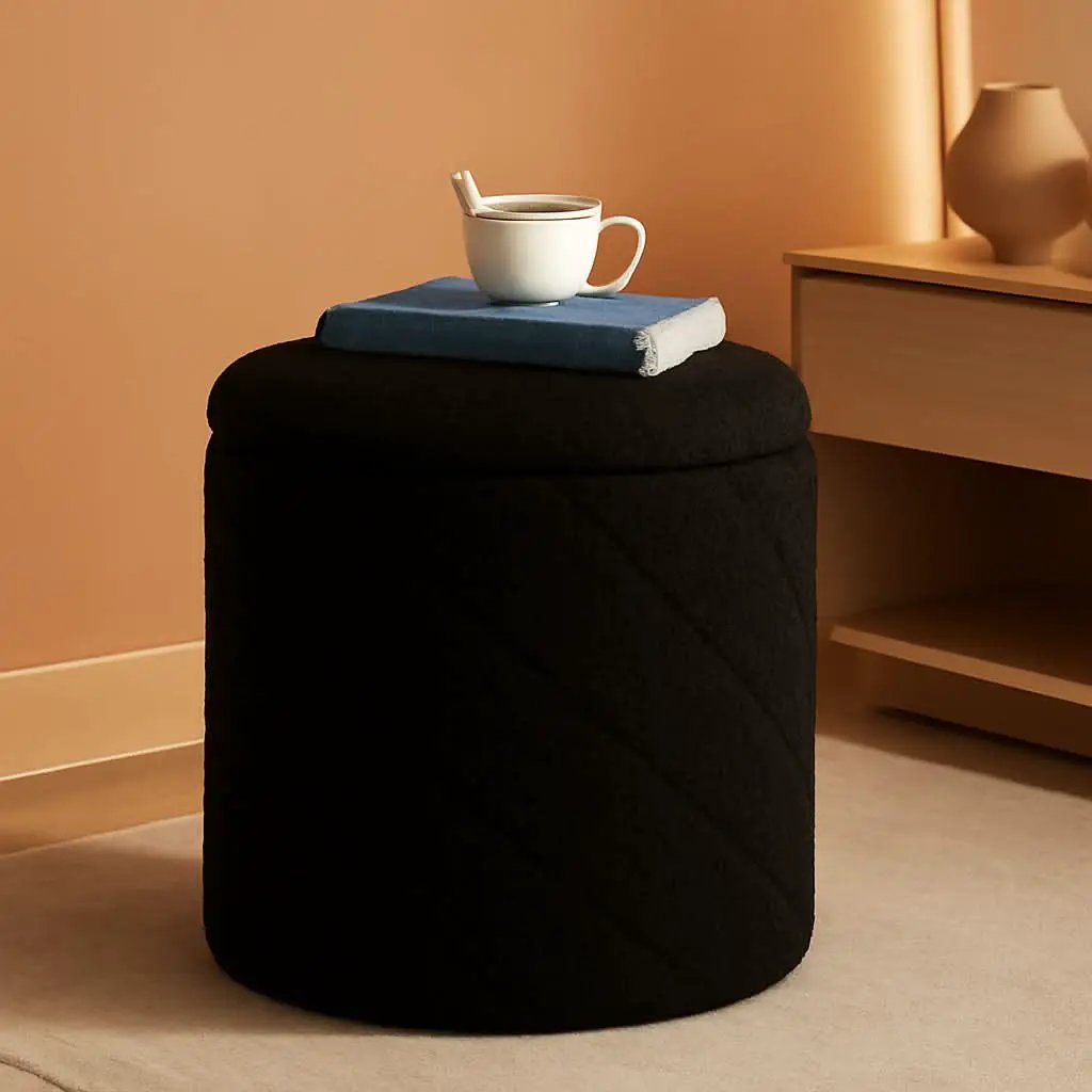 Luxurious Black Boucle Storage Ottoman 12 In Diameter Tray from PriceLows™