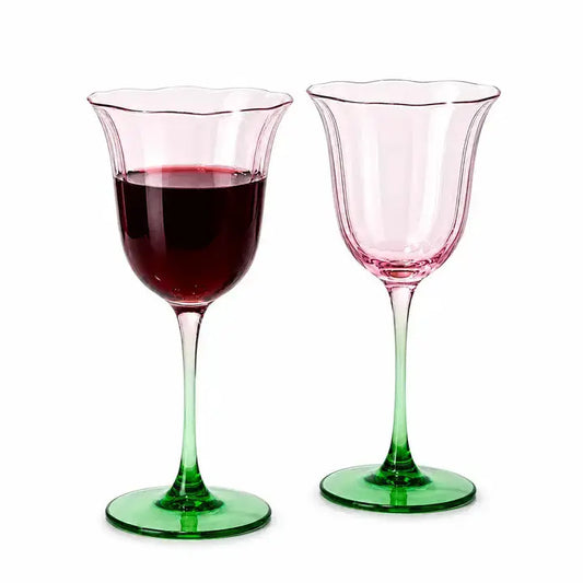 Khen Blossom Pink Tulip Wine Glasses Set of 2, Hand Blown Colored Crystal