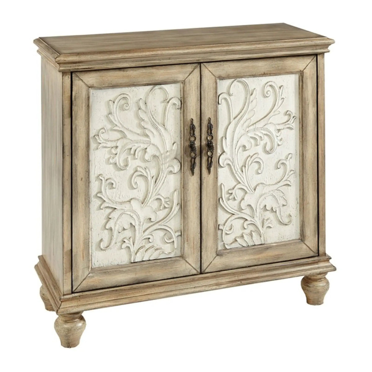 Driscoll 2 Door Cabinet | Carved Floral Front | Reclaimed Natural Finish | Magnetic Door Catches
