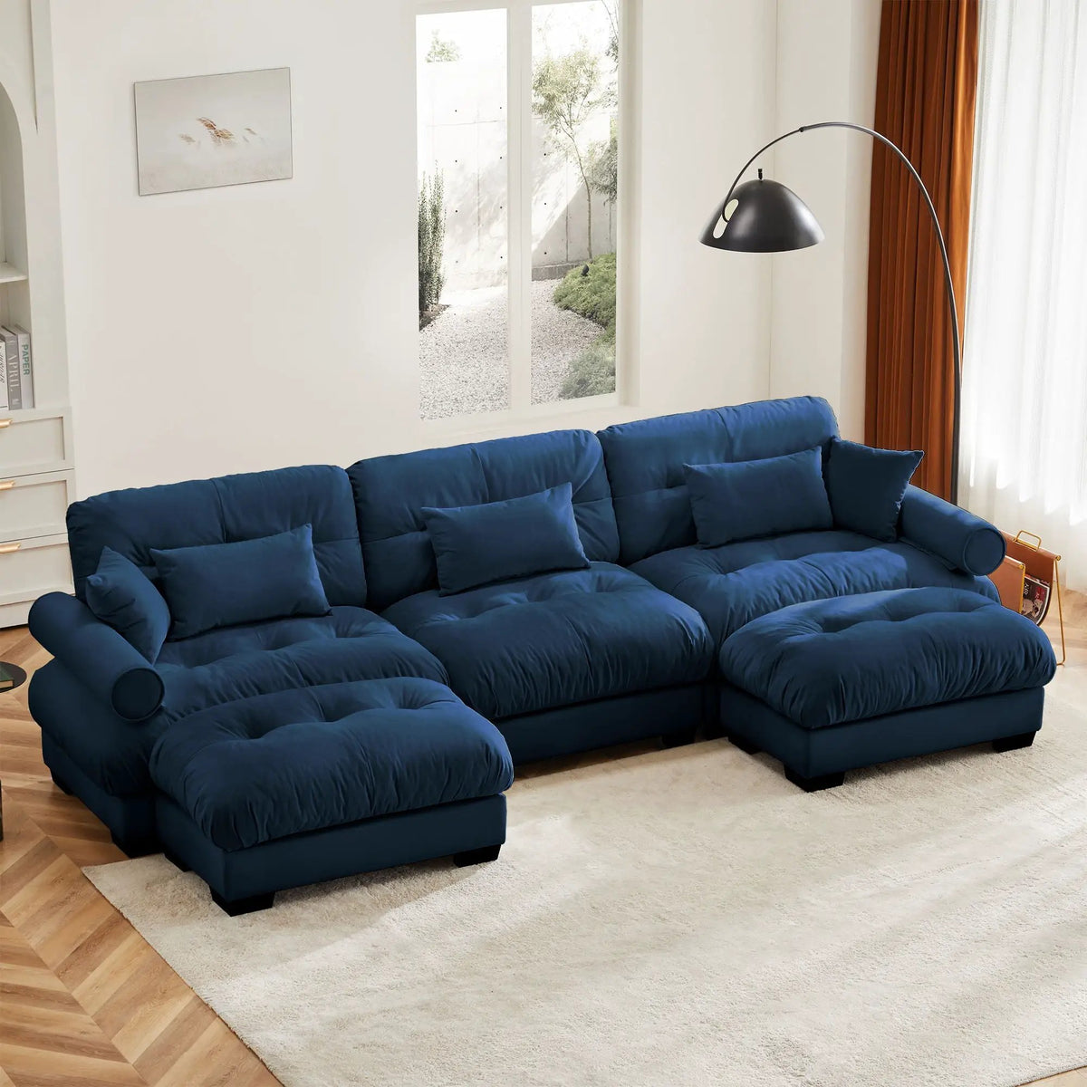 Modular Sectional Sofa | Deep Comfort Cushions | Vintage Fabric Ottoman