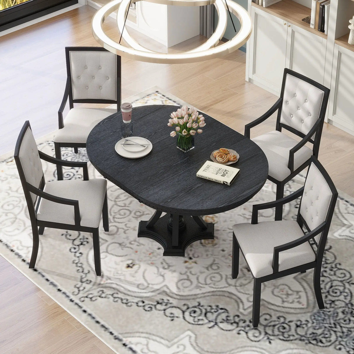 5 Piece Dining Set | Extendable Round Table | Oak Veneer | Black And Oak