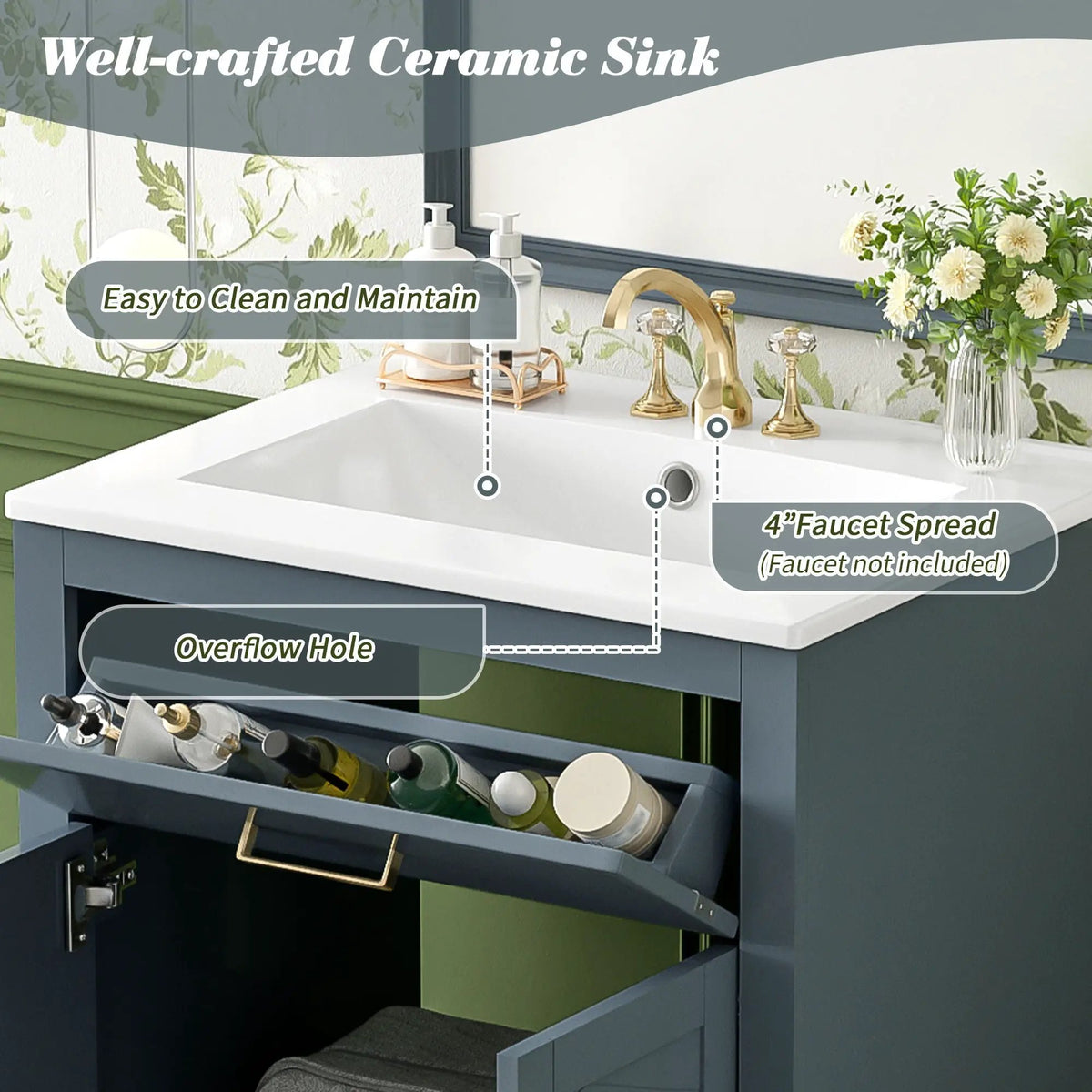 24 Inch Modern Vanity | Integrated Ceramic Sink | 2 Door Cabinet | Tip-Out Drawer