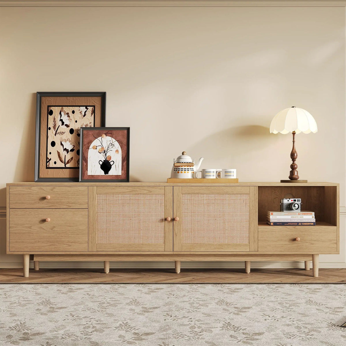 76 Inch TV Stand With Doors | Three Drawers | Two Cabinets | Natural Rattan Doors