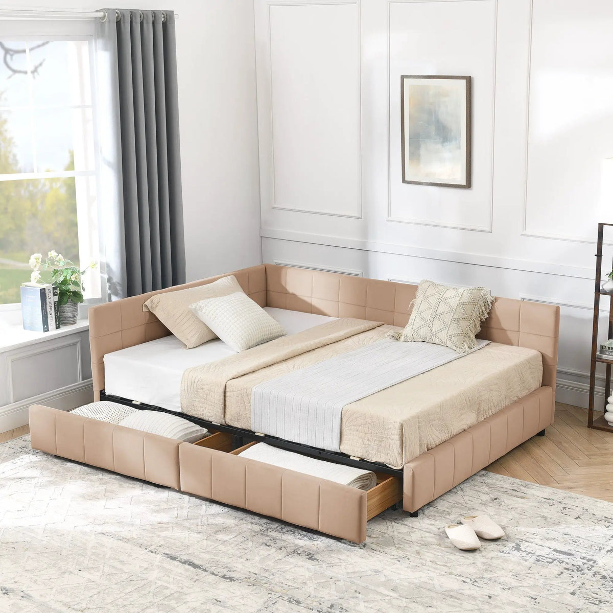 Mid-Century Storage Bed Frame | Upholstered Tufted Design | Backrest And Armrests | Bed Or Sofa Use