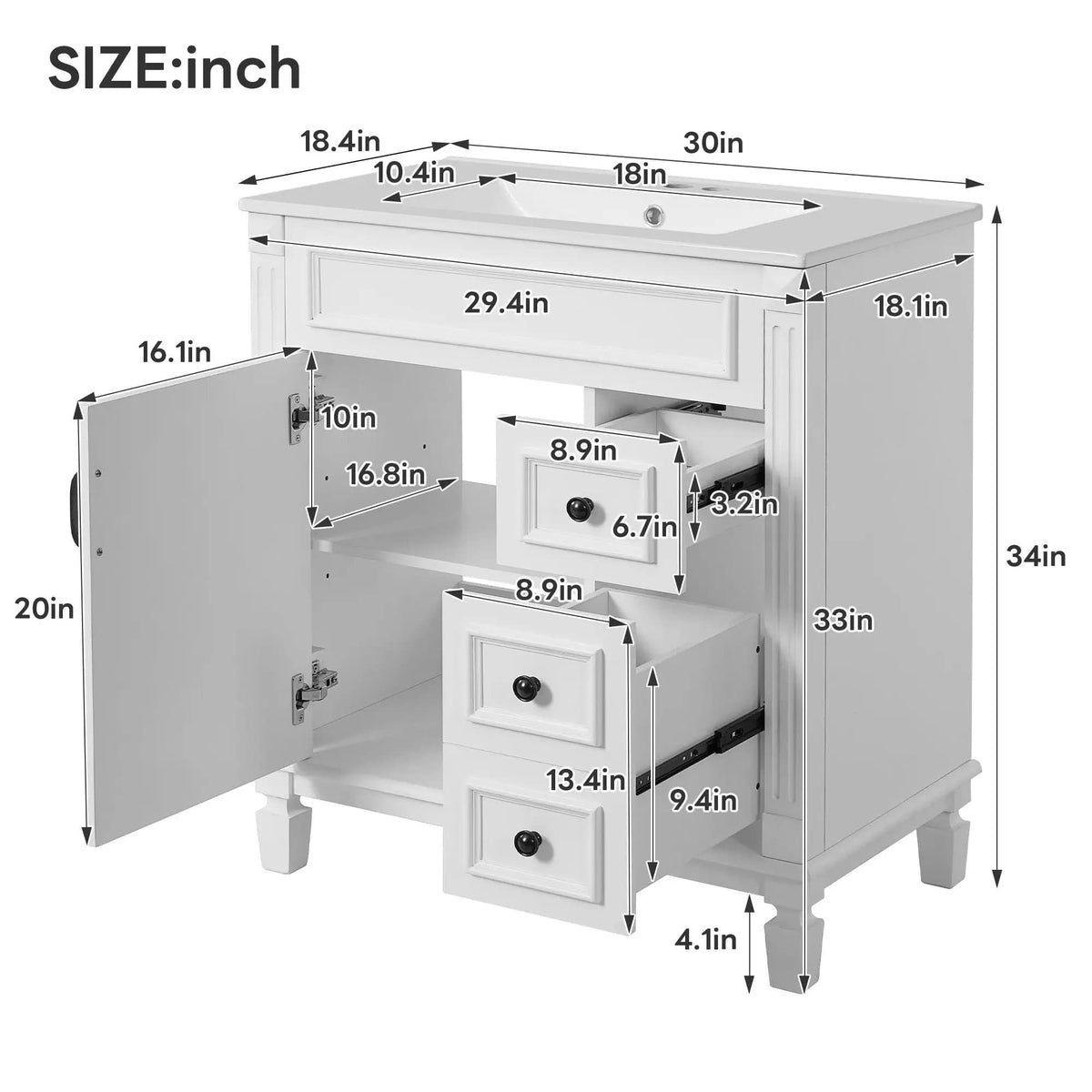 Bathroom Vanity With Sink, Cabinet With 2 Drawers And Adjustable Shelf | 2 Pieces | Solid Wood & Iron | Bathroom