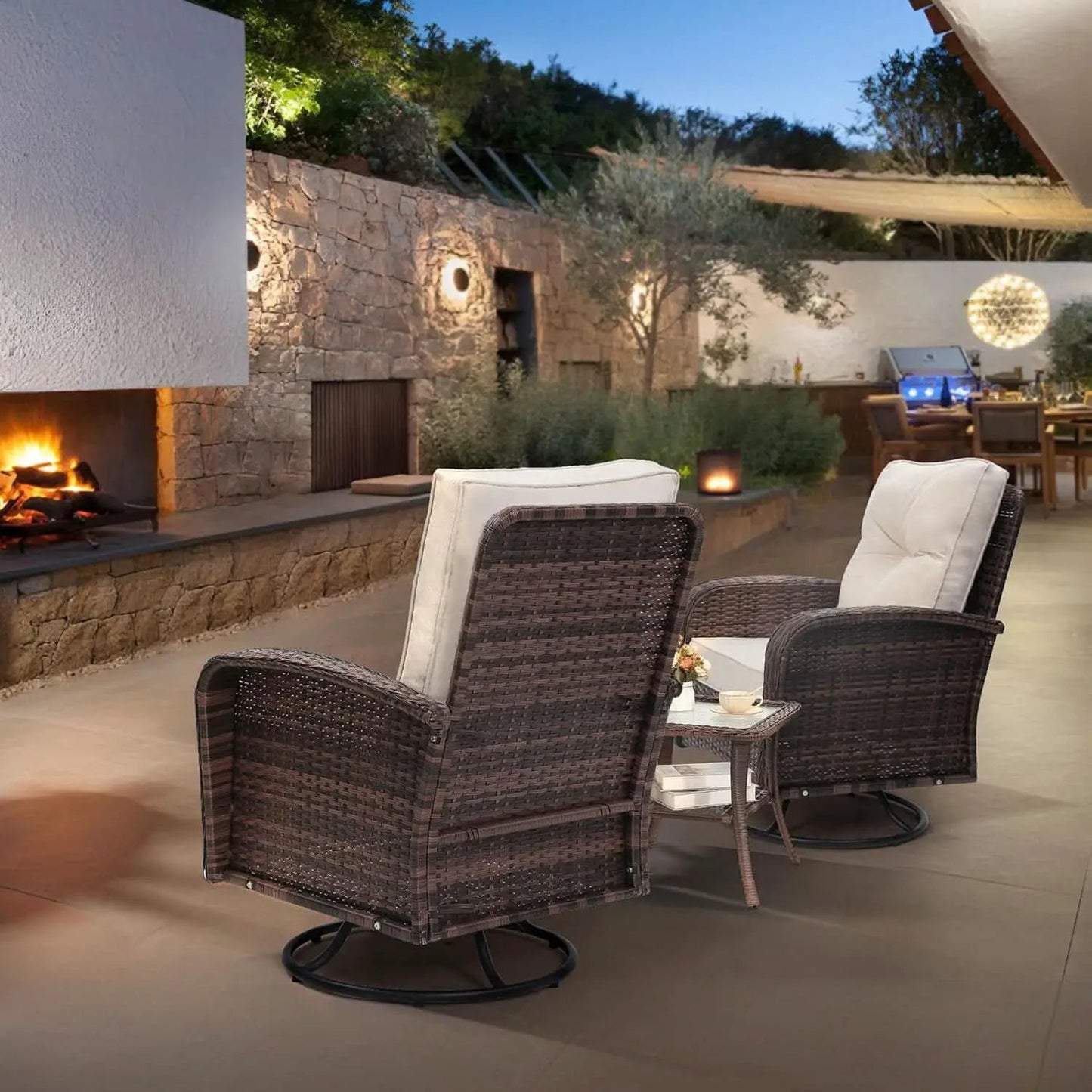 Two Outdoor Swivel Wicker Glider Patio Chairs With Table Set Brown Rattan And Beige Cushions from PriceLows™