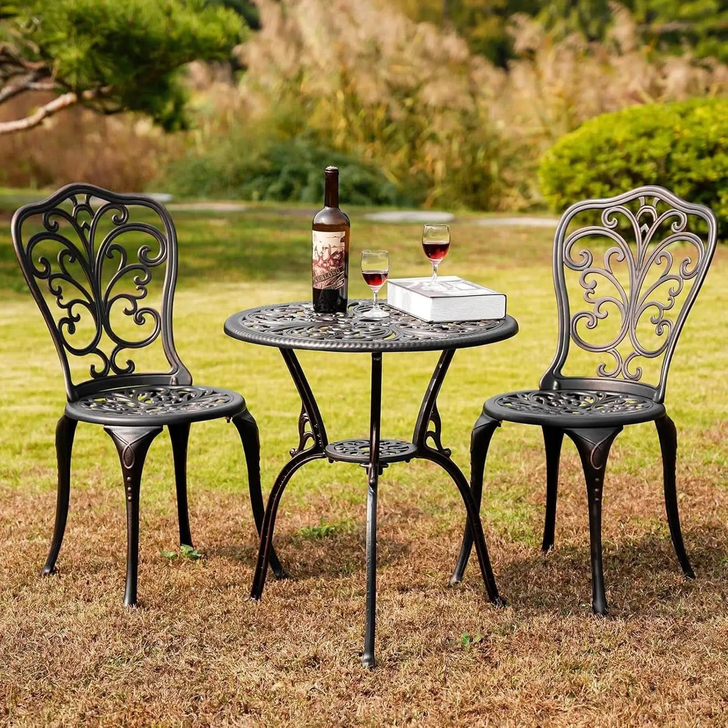 3 Piece Cast Aluminum Outdoor Patio Bistro Set With Umbrella Hole In Brown All Weather Durable from PriceLows™