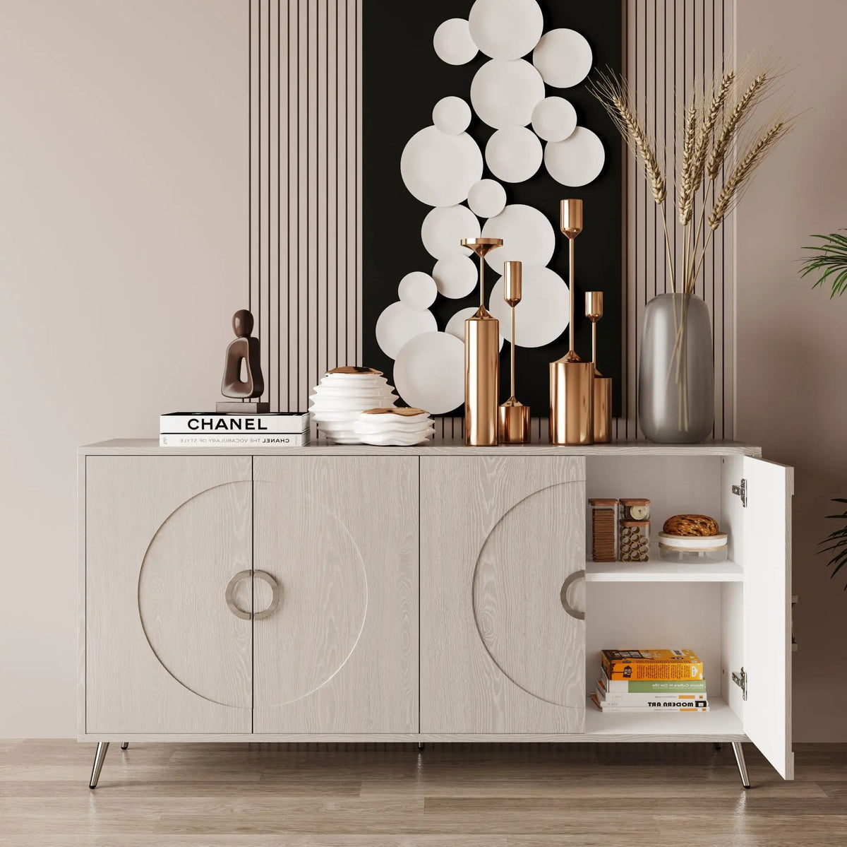 Lacquered 4 Door Sideboard Buffet | Matte Navy Finish | Solid Wood Veneer | Metal Legs