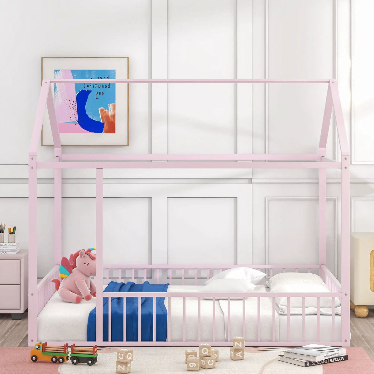 Kids Metal Bed Frame | Roof And Side Fence | Semi Enclosed Space | Three Colors