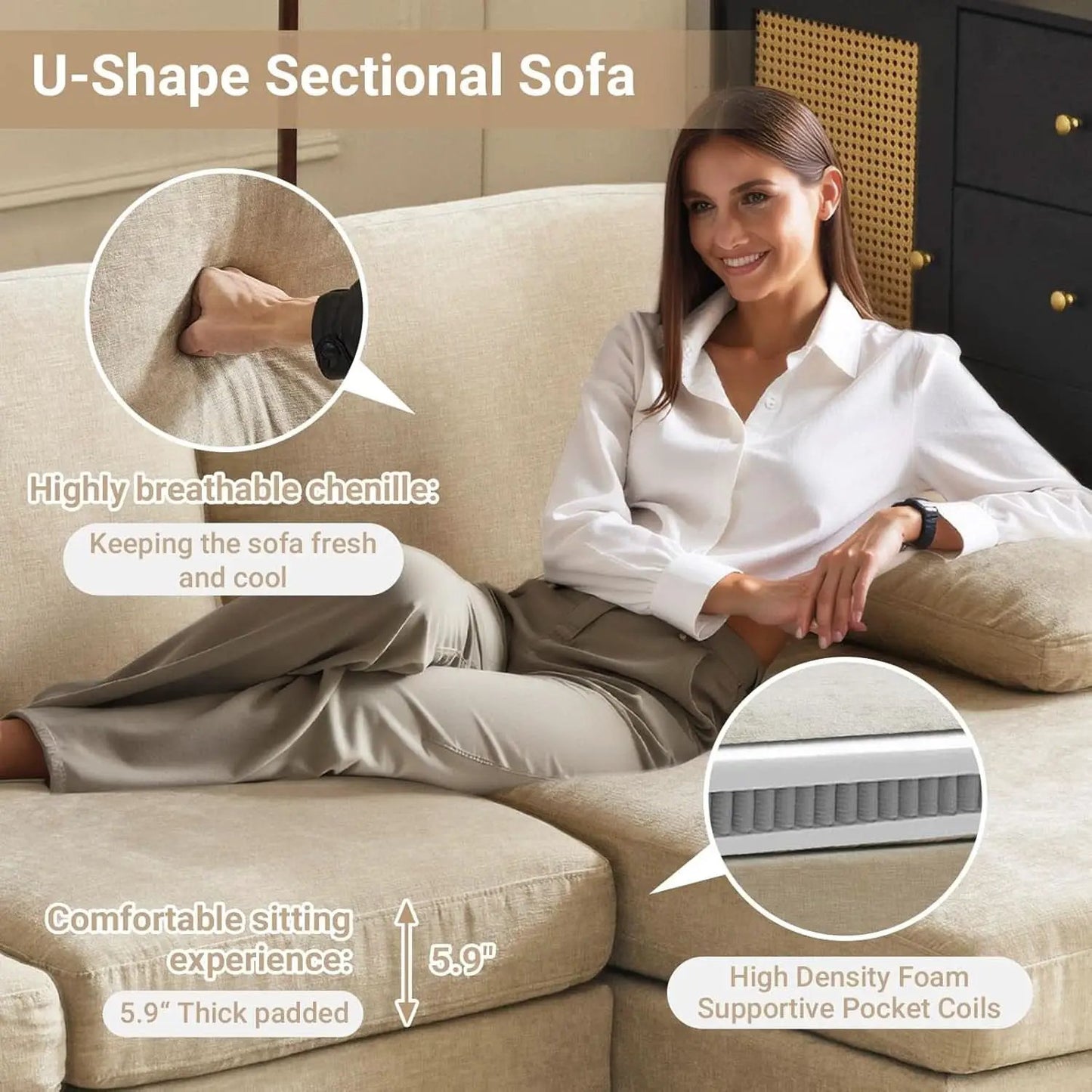 Light Khaki 110 Inch U Shape Sectional Sofa Double Chaise from PriceLows™