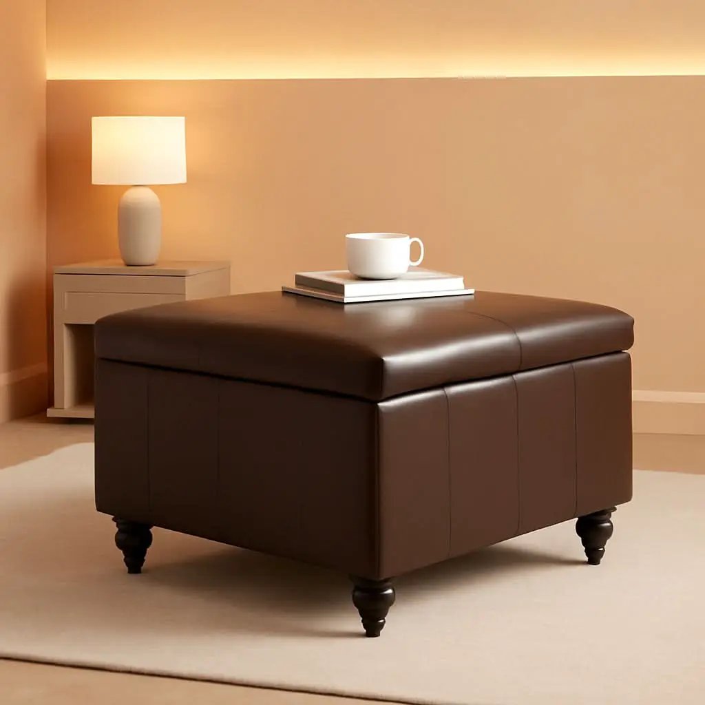 Square Leather Storage Ottoman 30-Inch Brown Durable from PriceLows™
