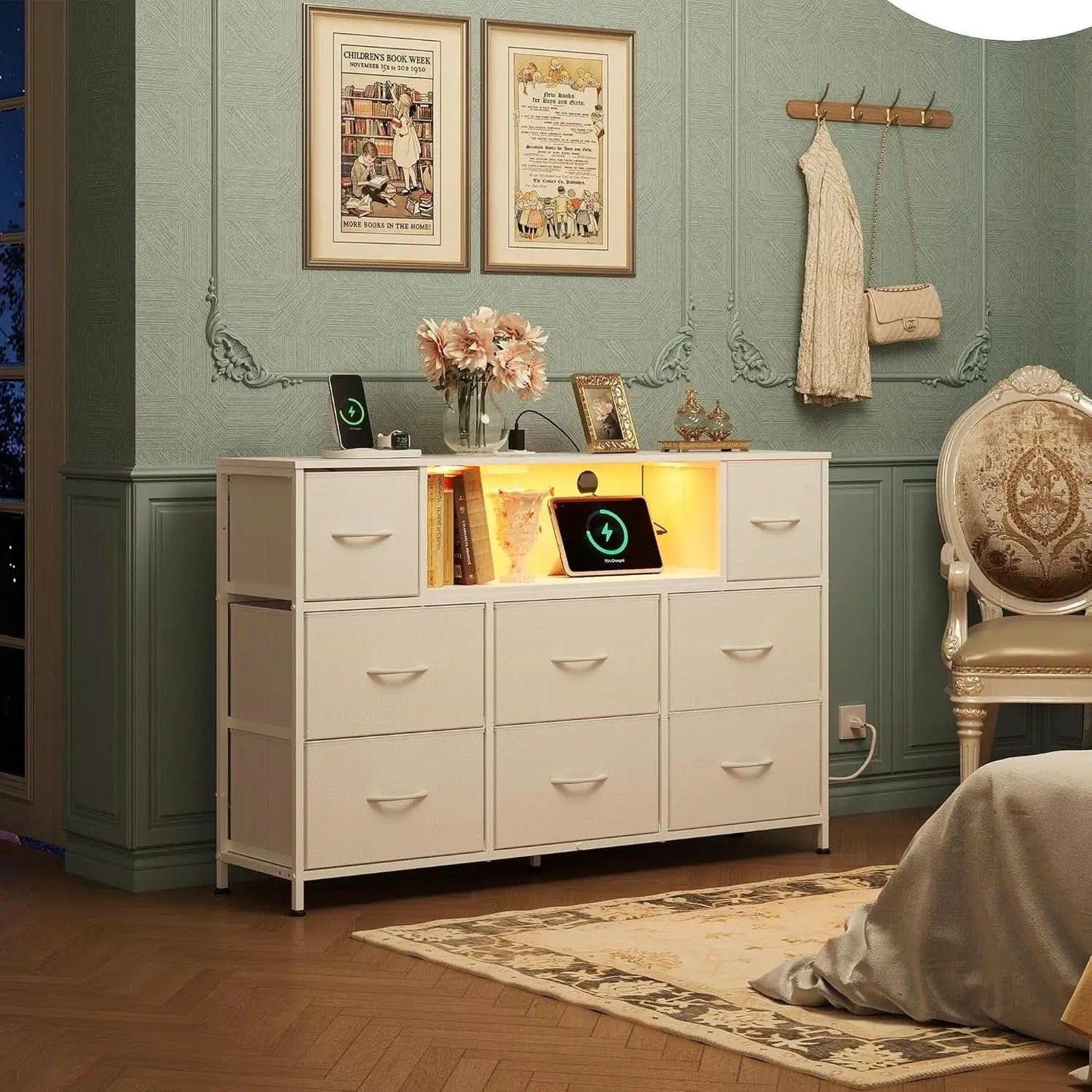White Dresser TV Stand for 55 Inch TV with Charging Station LED Lights from PriceLows™