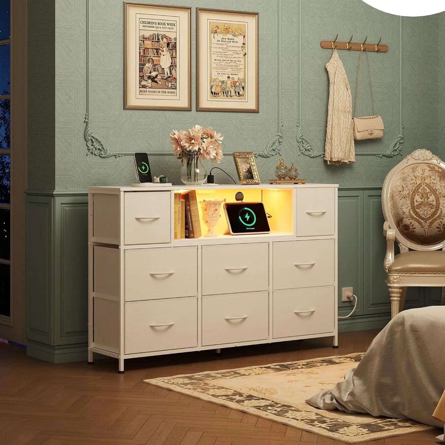 White Dresser TV Stand for 55 Inch TV with Charging Station LED Lights from PriceLows™
