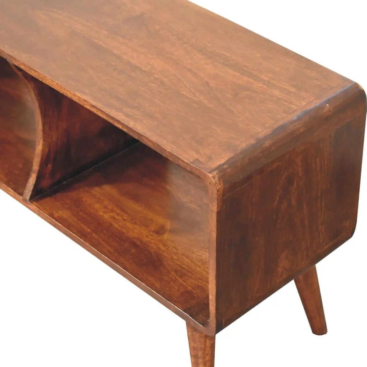 Curved Double Slot Media Unit - TV Stand | 39.37 x 13.78 x 19.69 in | Mango Wood | Dark Brown