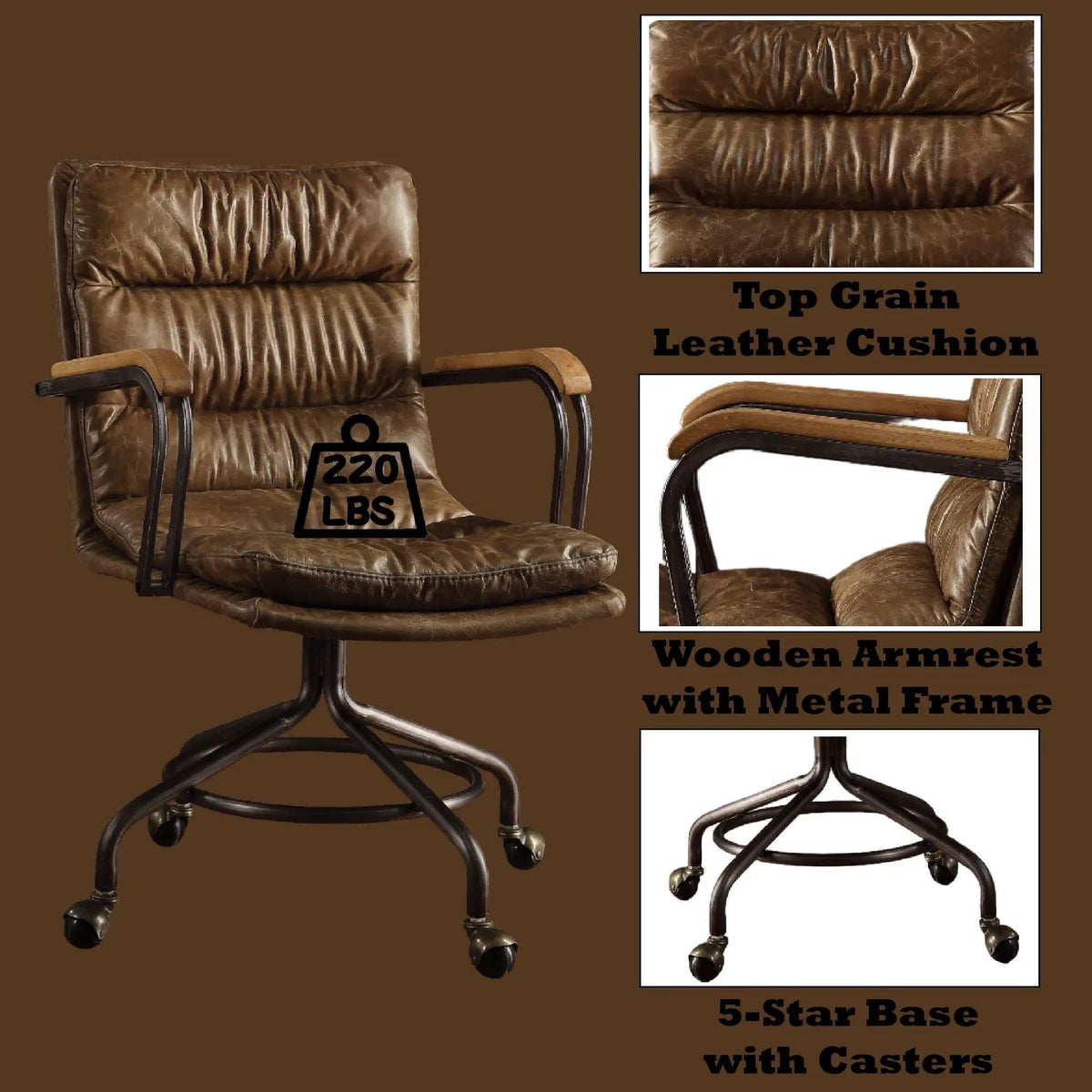 Harith Vintage Top Grain Leather Office Chair | 26 x 22 x 36 in | Leather & Metal | Brown