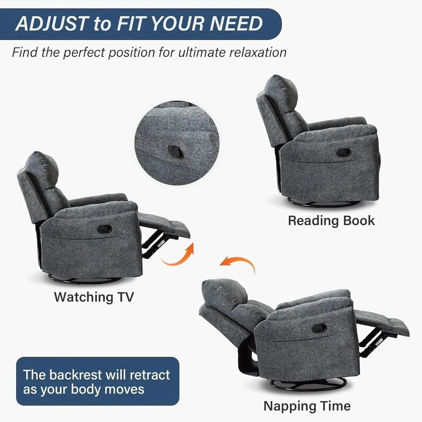 Swivel Rocker Recliner Chair Gray Fabric For Small Spaces from PriceLows™