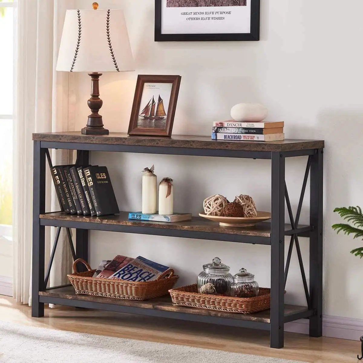 Rustic 47 Inch 3 Tier Sofa Console Table With Open Shelves from PriceLows™