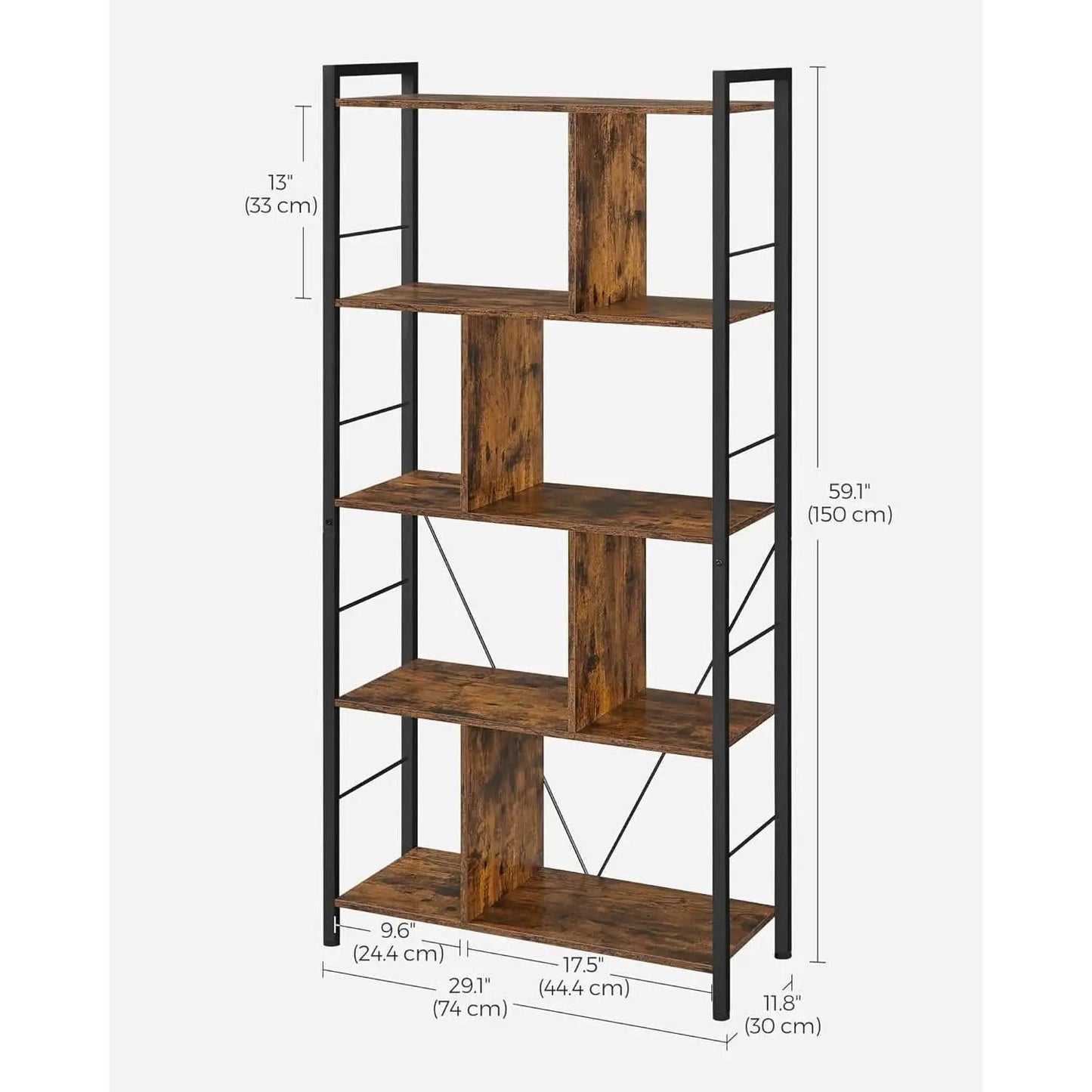 5 Tier Bookshelf Rustic Brown And Black Metal Frame from PriceLows™