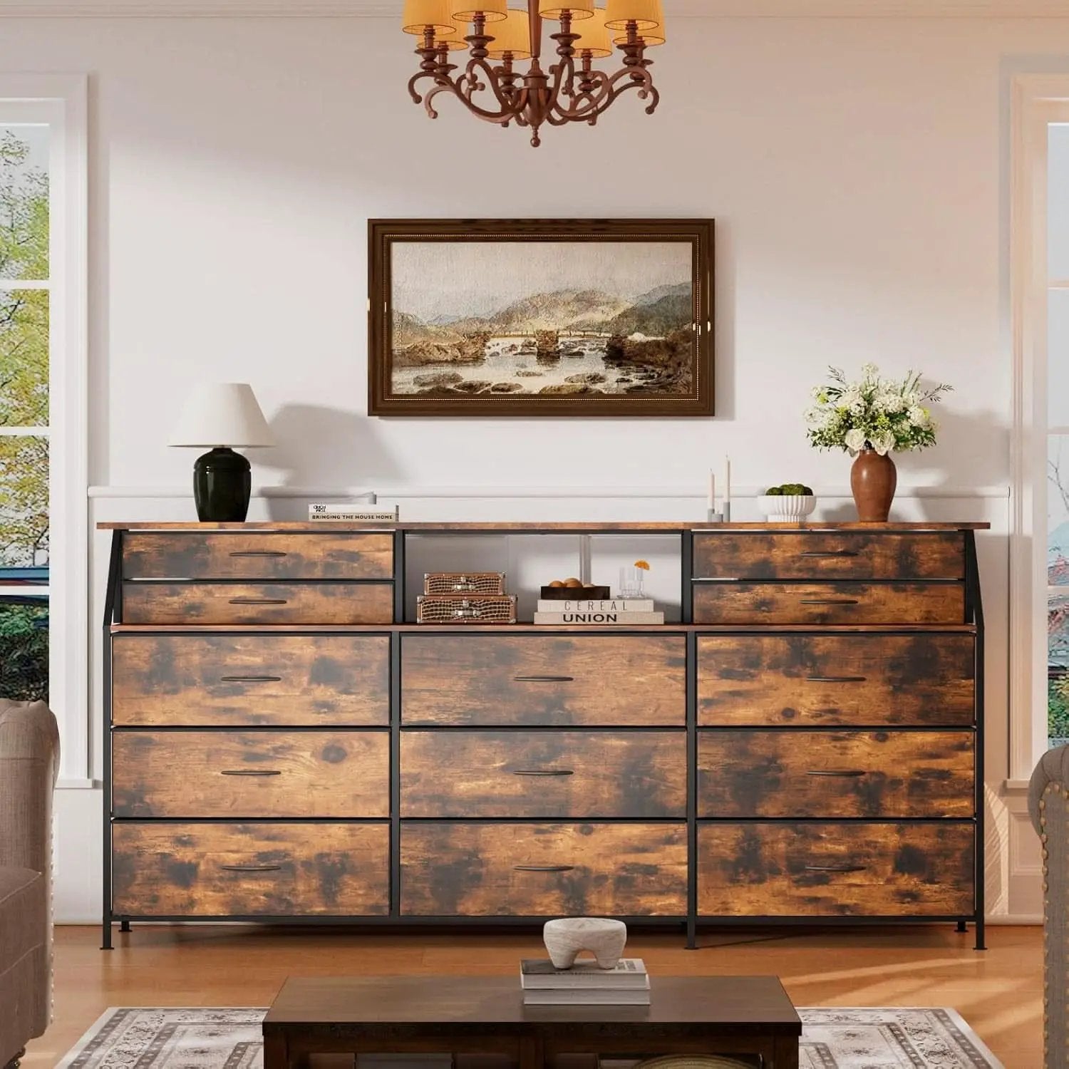 SeventyTwoInch Wide Dresser With Fabric Drawers RusticBrownWoodTop from PriceLows™