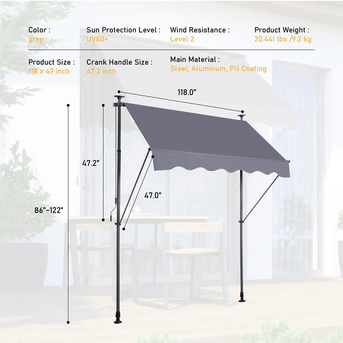 Manual Retractable Patio Awning | Waterproof UV Shield | Rustproof Steel Frame
