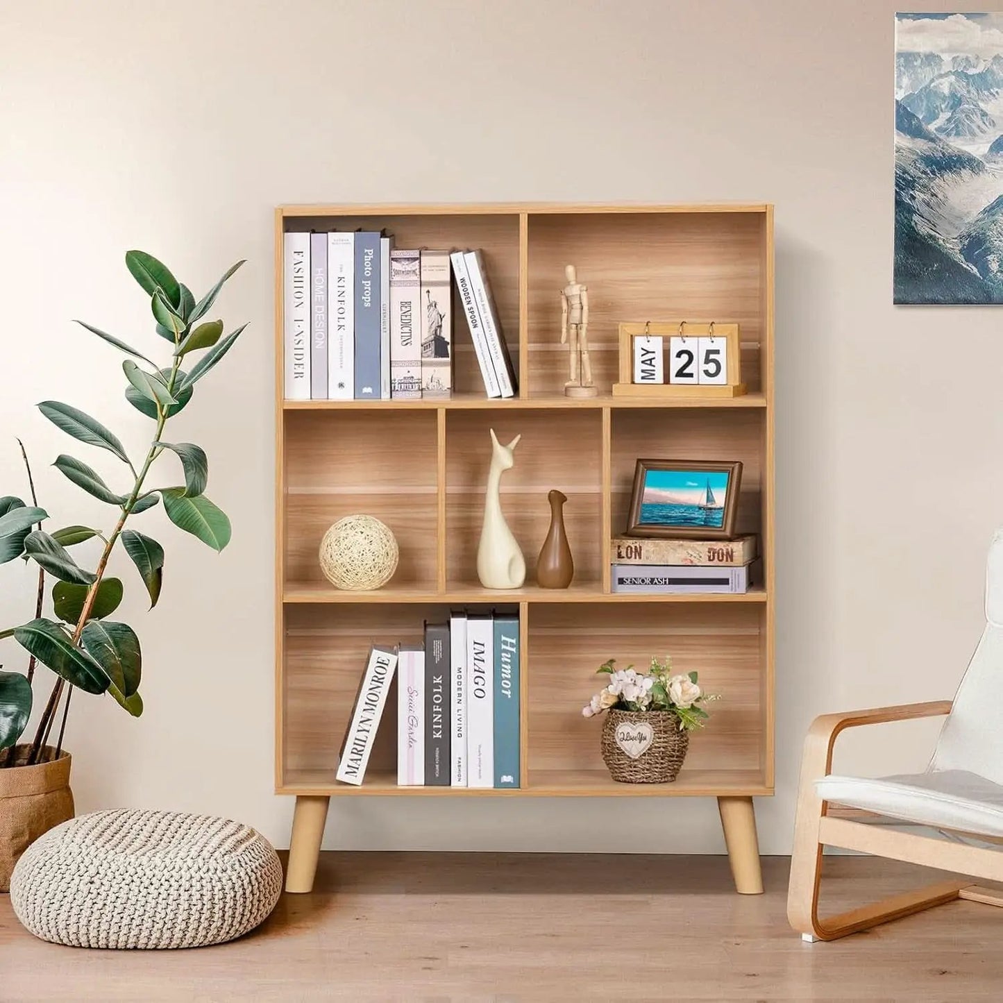 Wooden 7 Cube Bookshelf Natural Finish 3 Tier Freestanding from PriceLows™