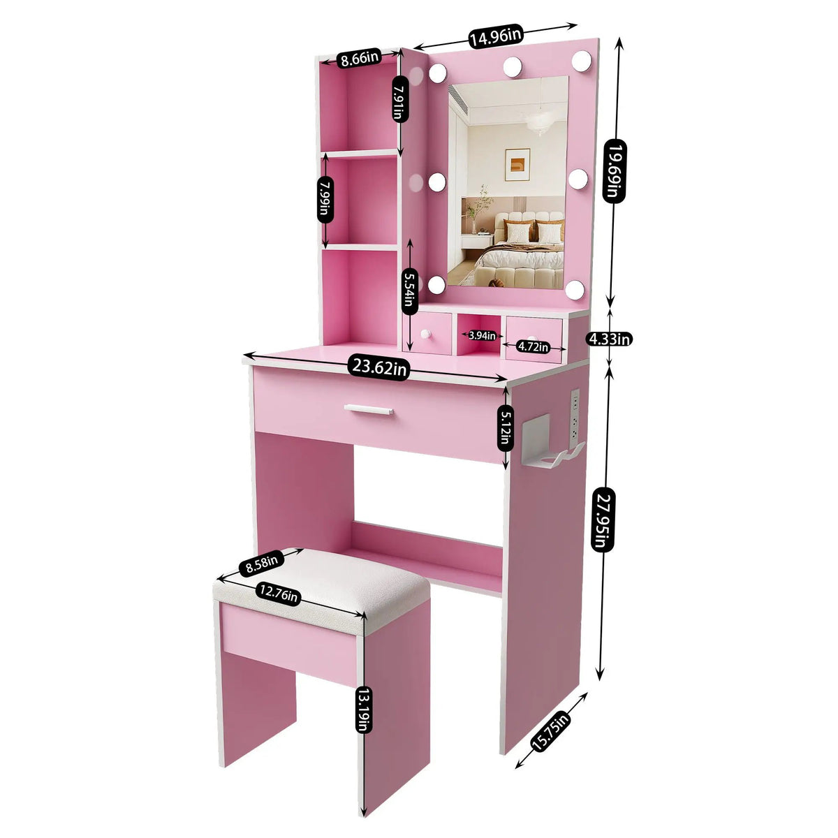Vanity Table | LED Mirror | Power Outlet | Includes Stool