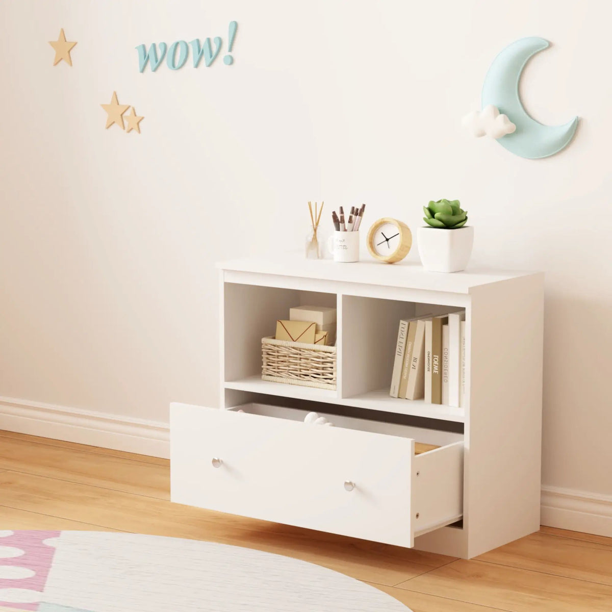 Toy Storage Organizer | 2 Open Shelves | Deep Drawer | White