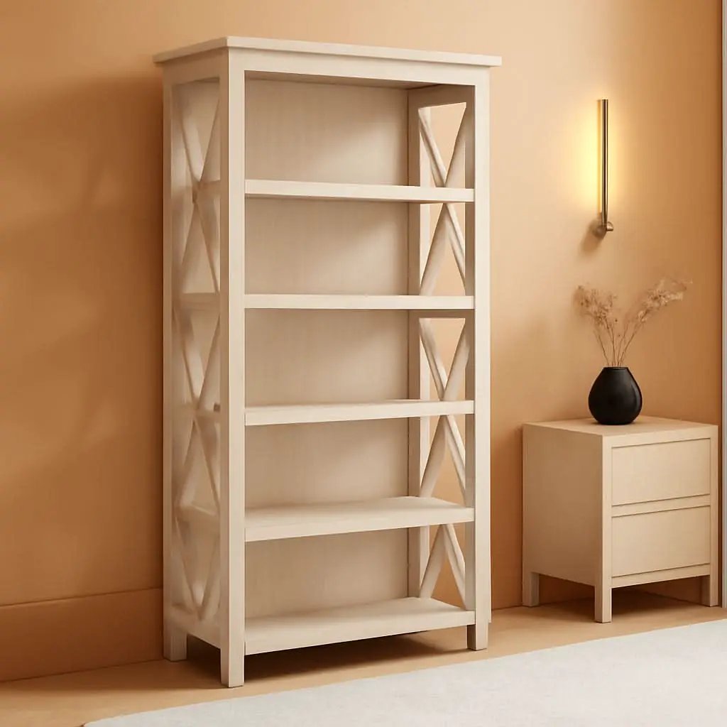 Tall 5 Shelf Bookcase Linen White Oak Modern Farmhouse from PriceLows™
