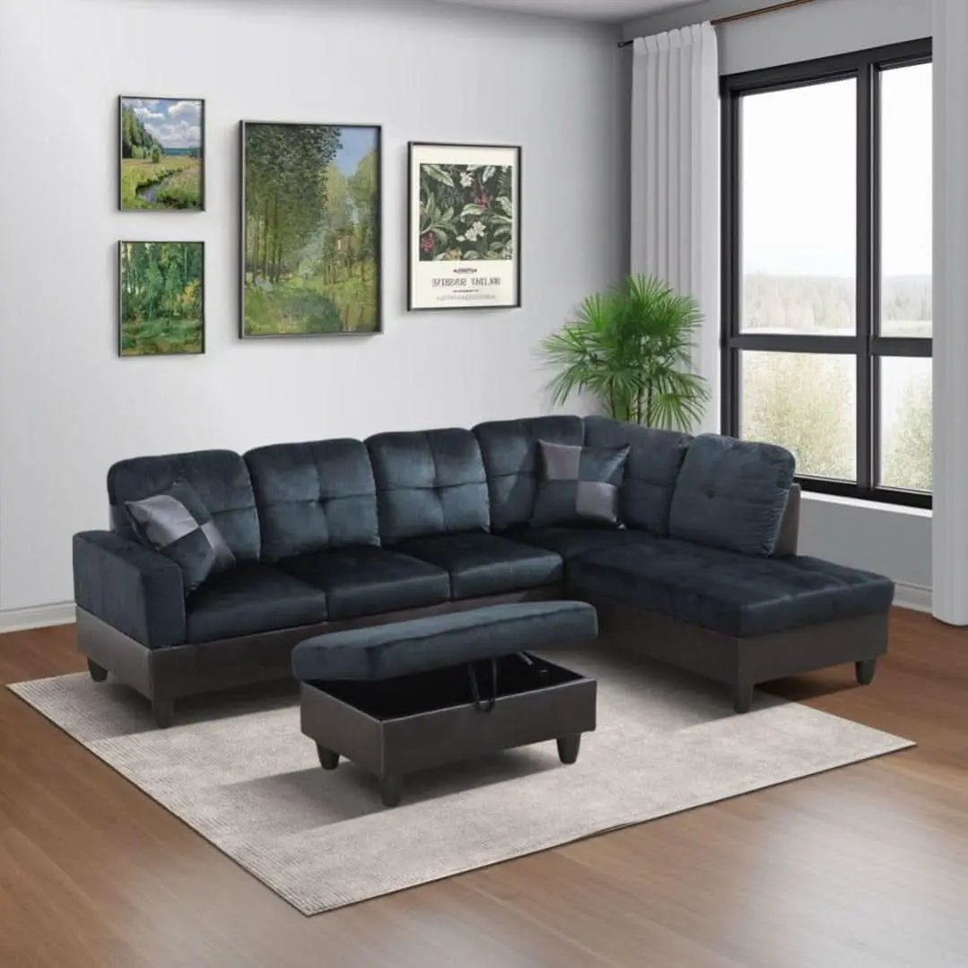 L Shaped 3 Piece Sofa Set With Storage Ottoman Dark Blue