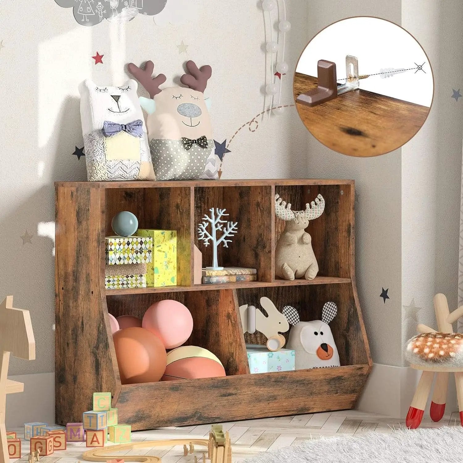 Kids Bookshelf With Toy Storage Cubby 35.4 Inch Rustic Brown from PriceLows™