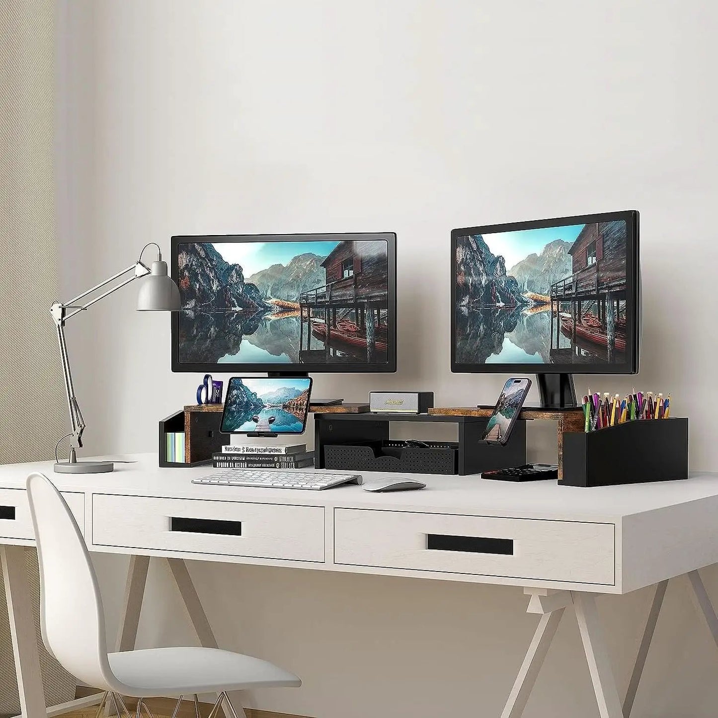 Desk Dual Monitor Stand Riser With Drawer Rustic Brown from PriceLows™