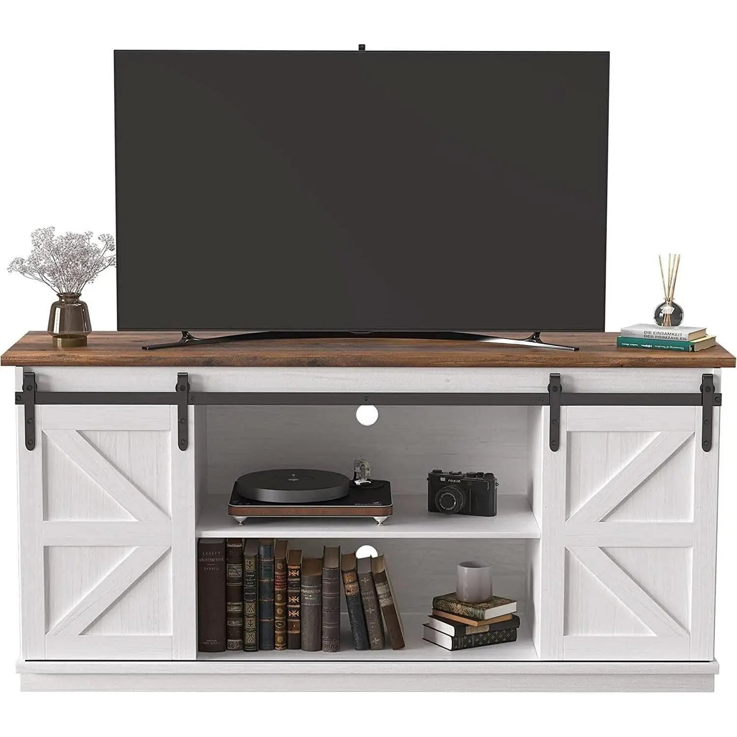 65 Inch Farmhouse TV Stand With Sliding Barn Doors from PriceLows™