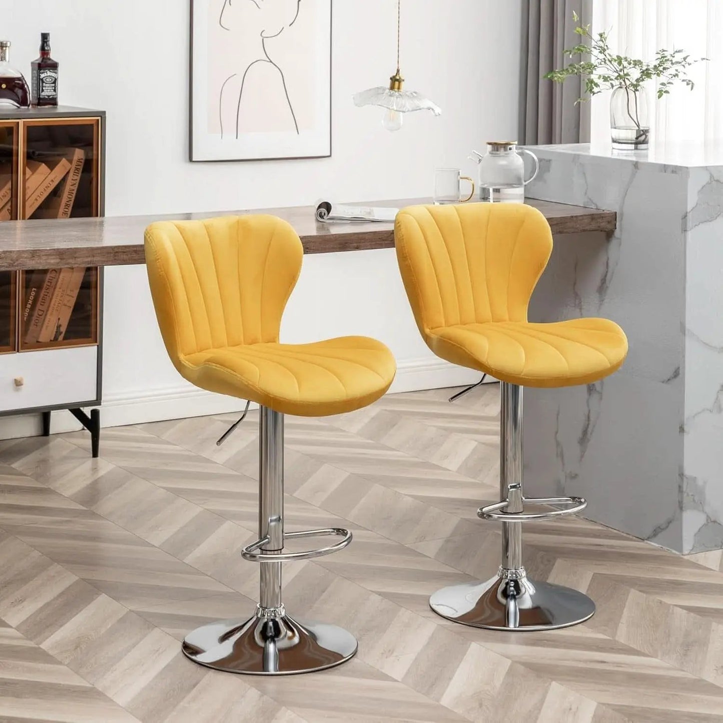 Yellow Adjustable Swivel Bar Stools Set Of 2 For Kitchen from PriceLows™