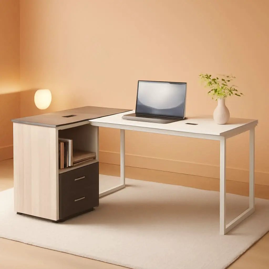 63 Inch L Shaped Desk Gray White With Reversible File Cabinet from PriceLows™