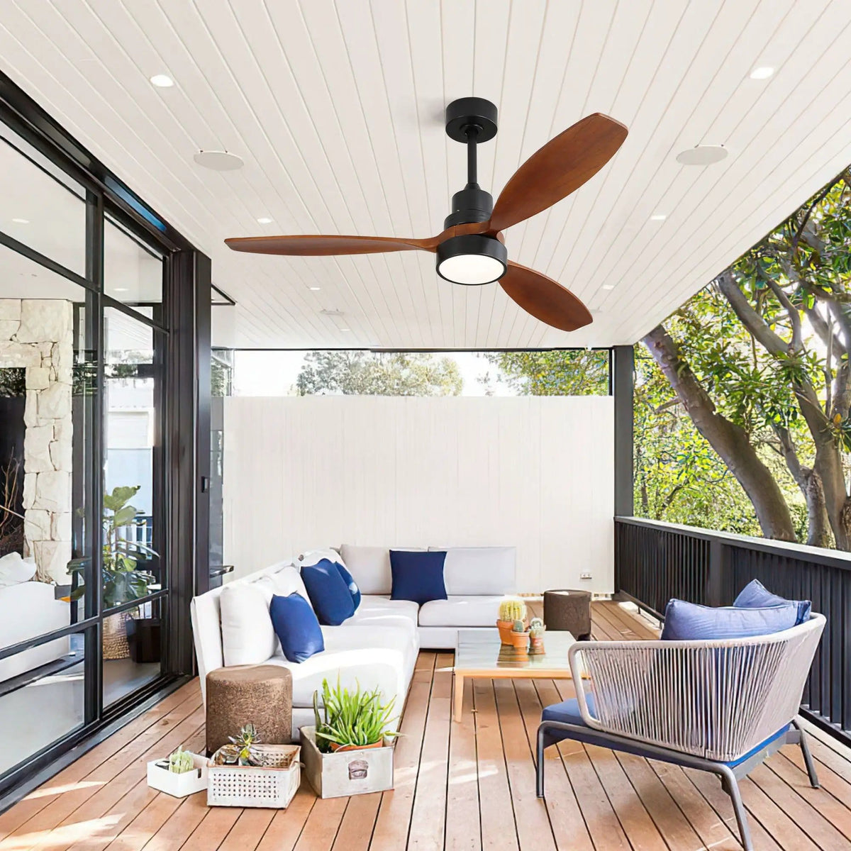 Ceiling Fan With Reversible DC Motor, LED Light, Solid Blades, Remote Control | 52 x 52 x 15 in | Solid Wood & Metal | Home