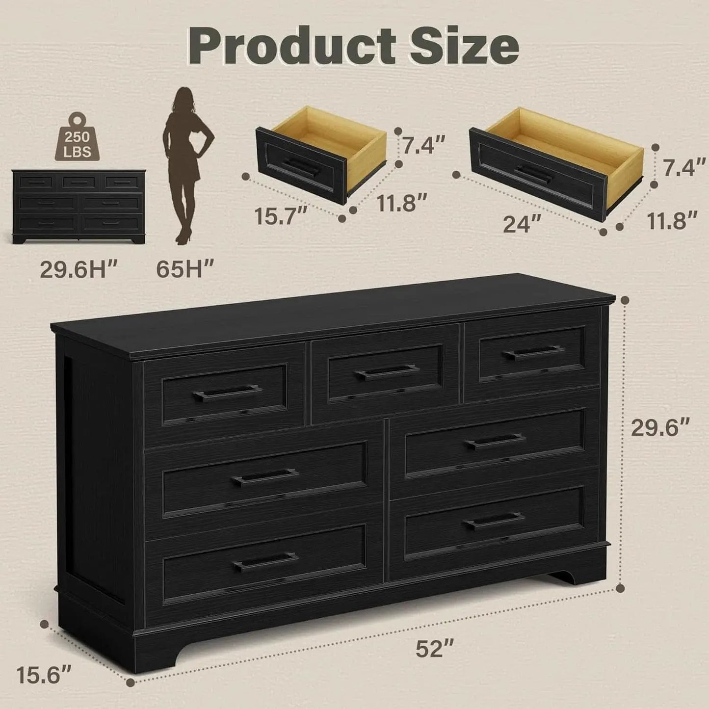Seven Drawer Dresser For Bedroom Black Finish Storage from PriceLows™