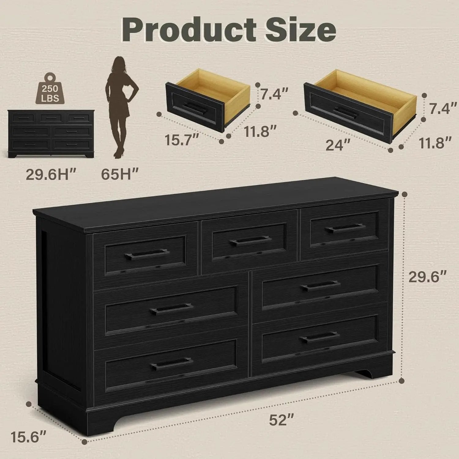 Seven Drawer Dresser For Bedroom Black Finish Storage from PriceLows™