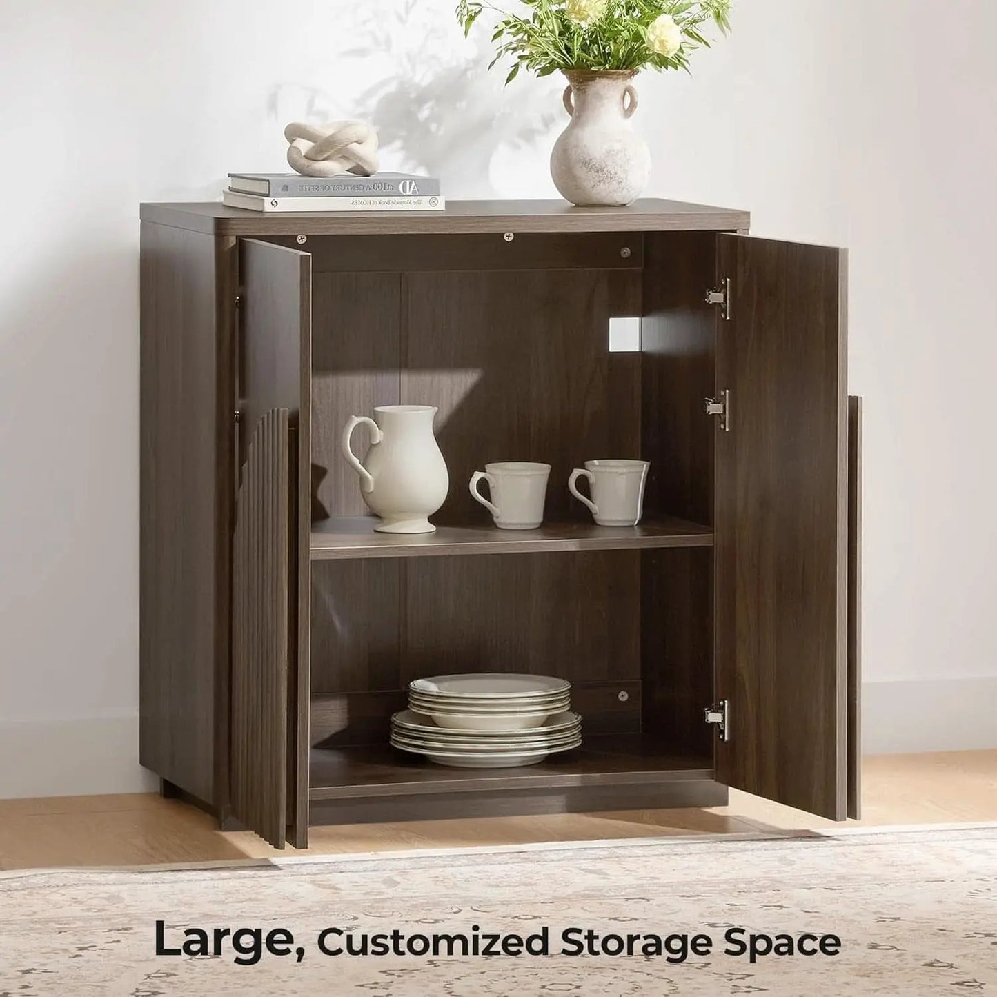 Walnut Sideboard Buffet Cabinet With Generous Storage And Wave Pattern Doors