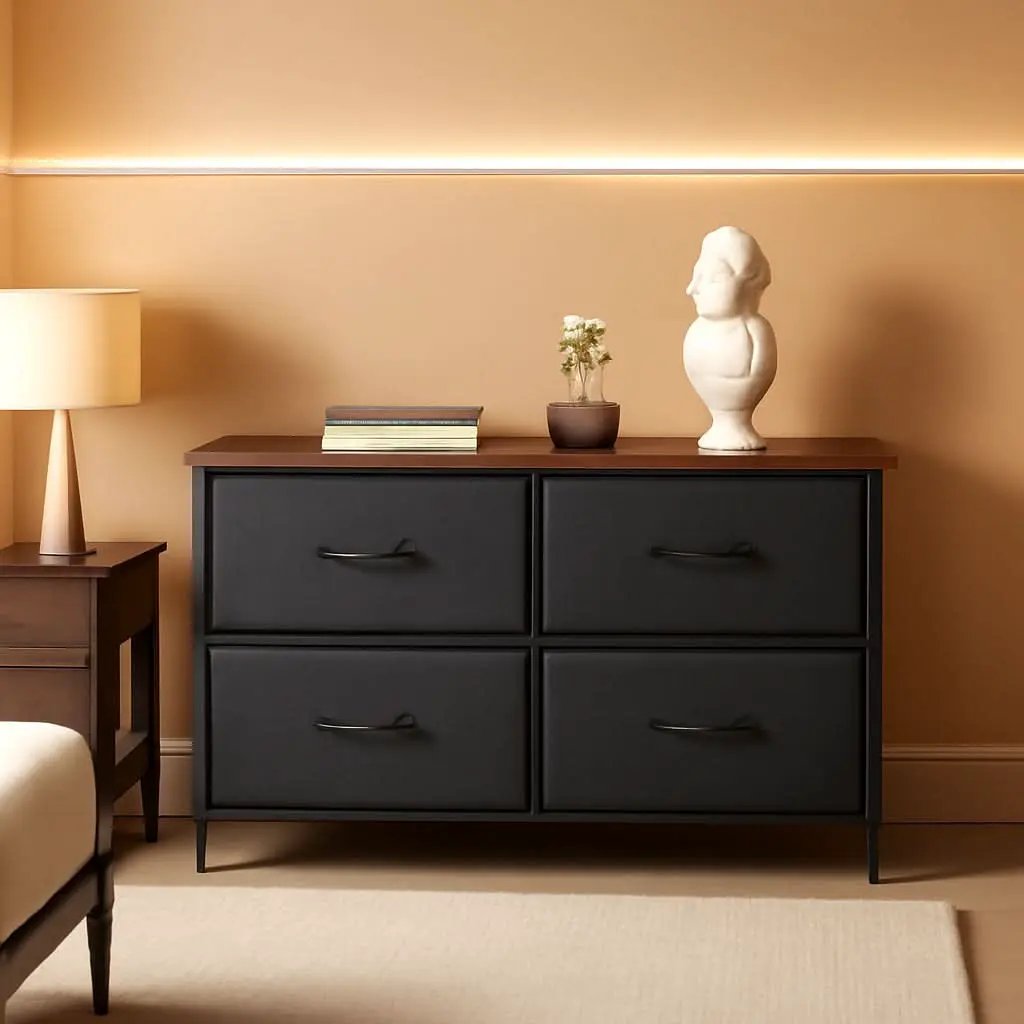 5 Drawer Fabric Dresser With Bins And Wood Top For Bedroom from PriceLows™