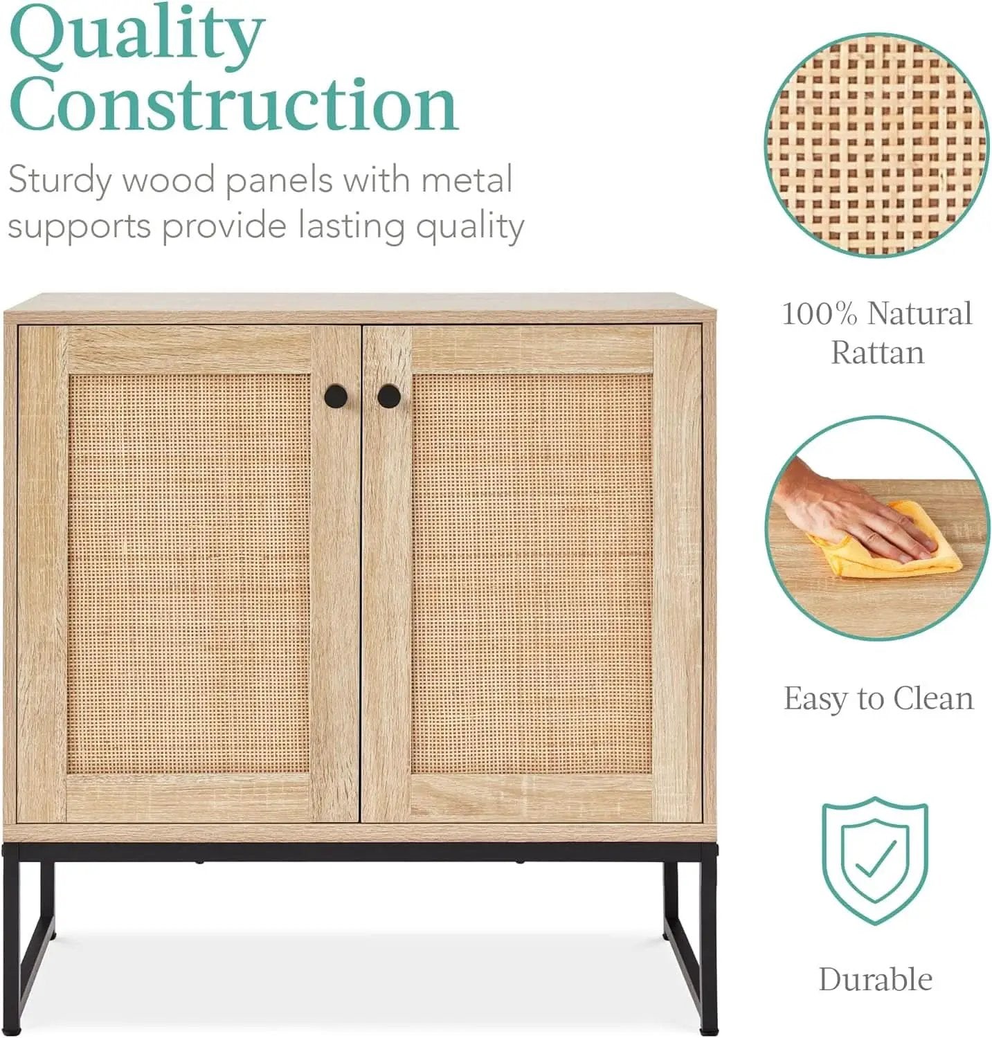 Two Door Rattan Storage Cabinet Natural Finish With Non Scratch Foot Pads For Living Room Hallway Kitchen from PriceLows™