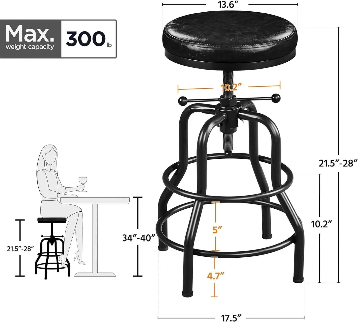 Black Bar Stool 21 To 28 Inch Industrial Kitchen Stool from PriceLows™