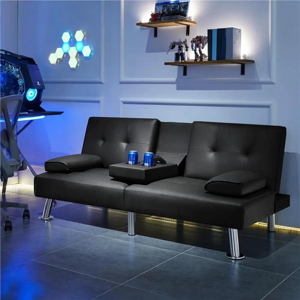 Convertible Sofa Bed Black Faux Leather With Cup Holders from PriceLows™