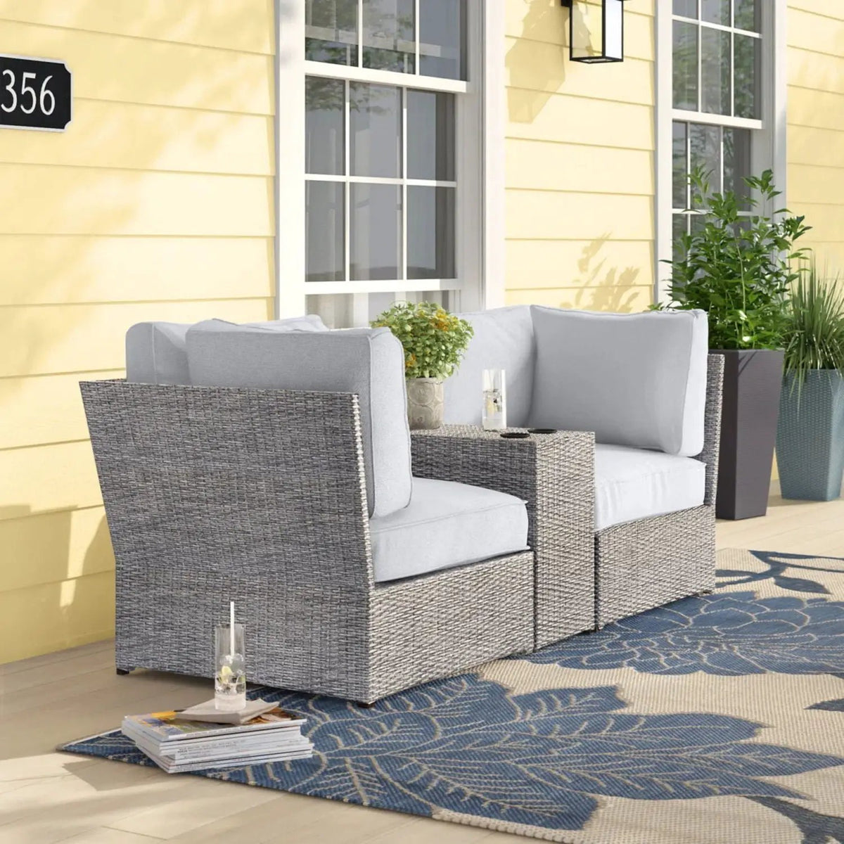 Outdoor Wicker Loveseat | 3-Piece Set | Aluminum Frame | 5 Inch Cushions