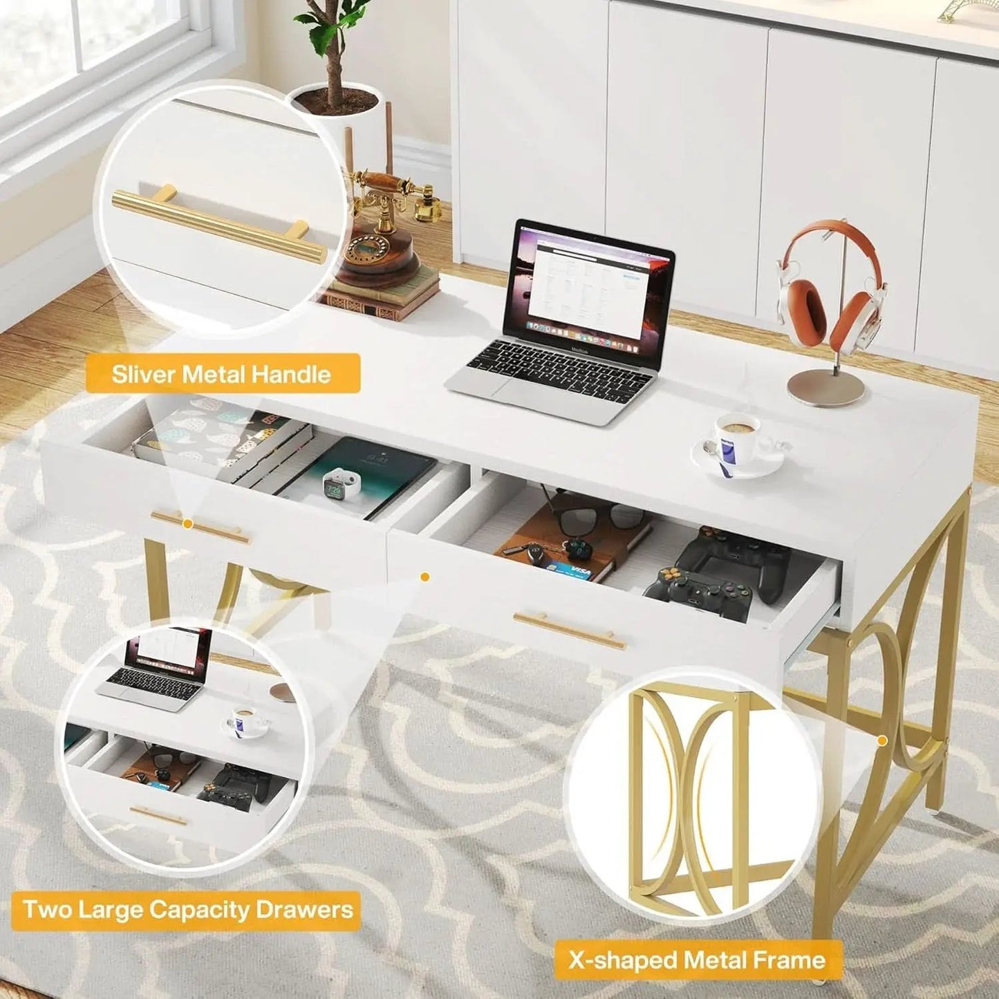 41 Inch White And Gold Computer Desk With 2 Drawers from PriceLows™