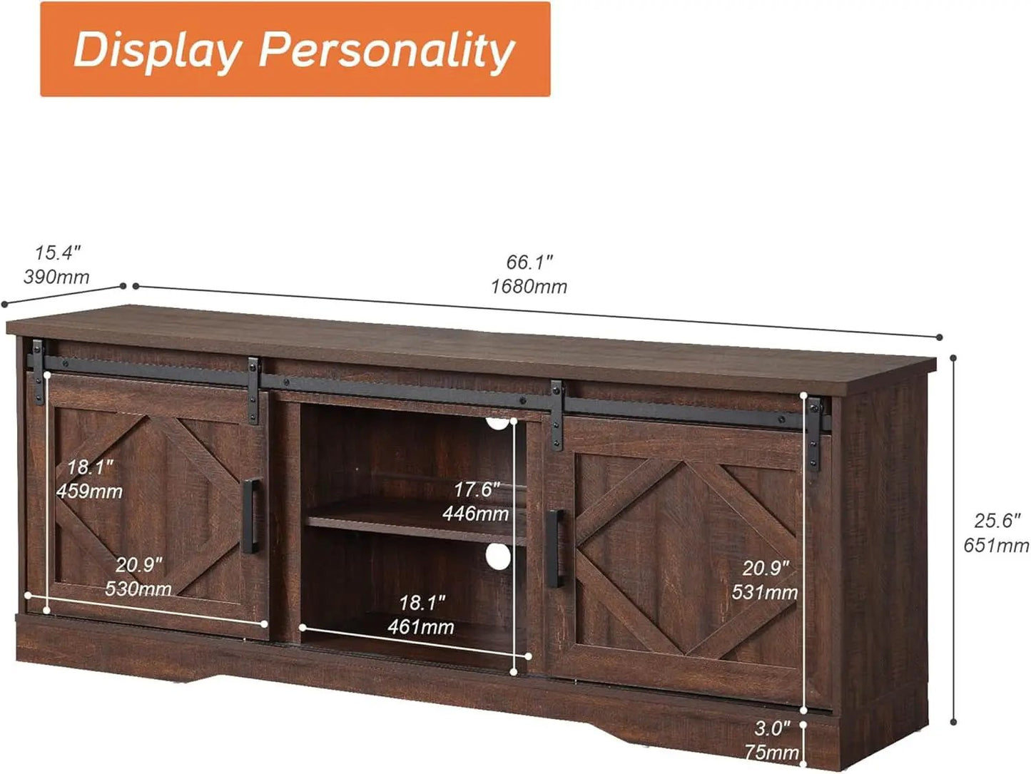 75 Inch Rustic Brown Barn Door TV Stand With Storage from PriceLows™