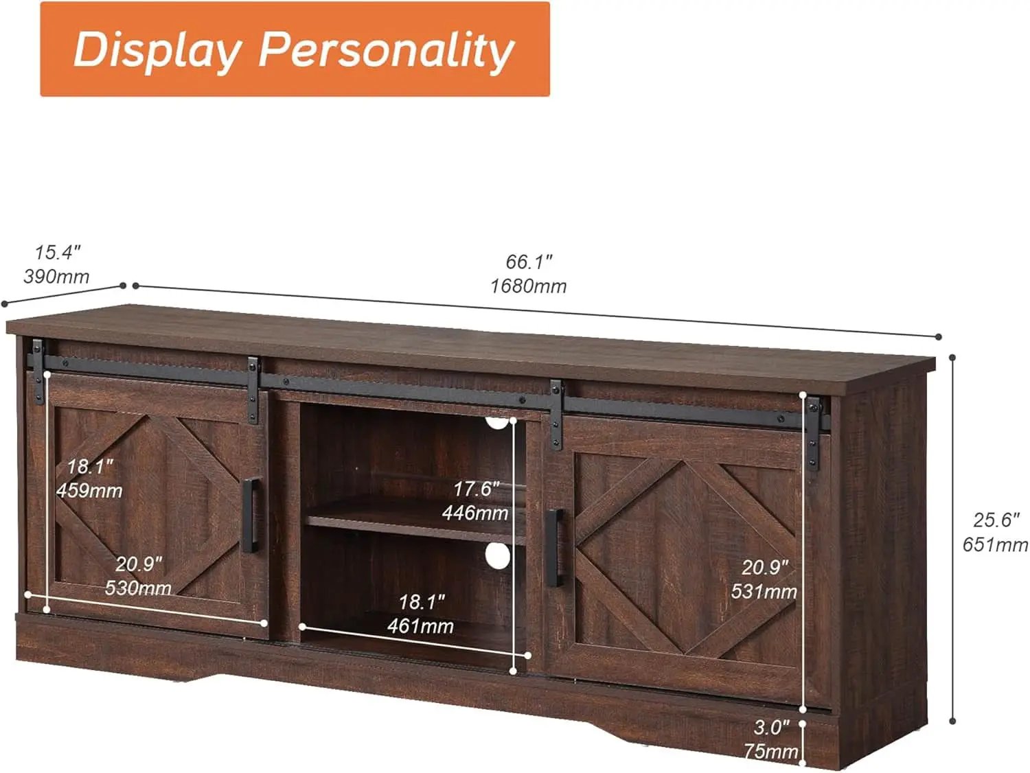 75 Inch Rustic Brown Barn Door TV Stand With Storage from PriceLows™